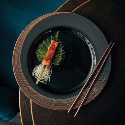 Black M/S Plate 27cm - Rose Gold Swirl